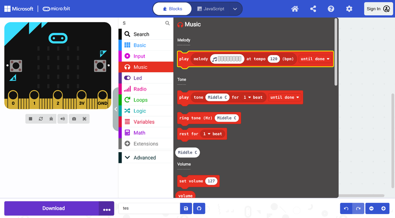 Makecode editor music category